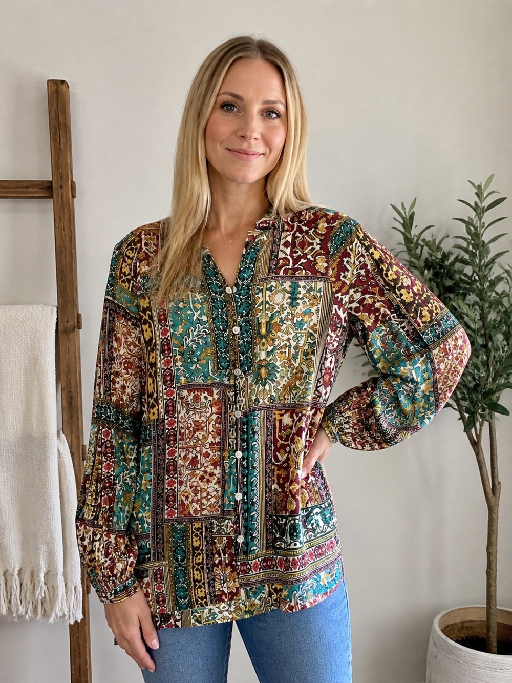 Boho Patchwork Rayon Tunic Blouse Women’s Petite Small Long Sleeve Top J.Jill